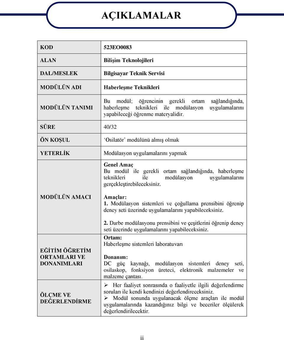 SÜRE 40/32 ÖN KOŞUL YETERLİK Osilatör modülünü almış olmak Modülasyon uygulamalarını yapmak Genel Amaç Bu modül ile gerekli ortam sağlandığında, haberleşme teknikleri ile modülasyon uygulamalarını