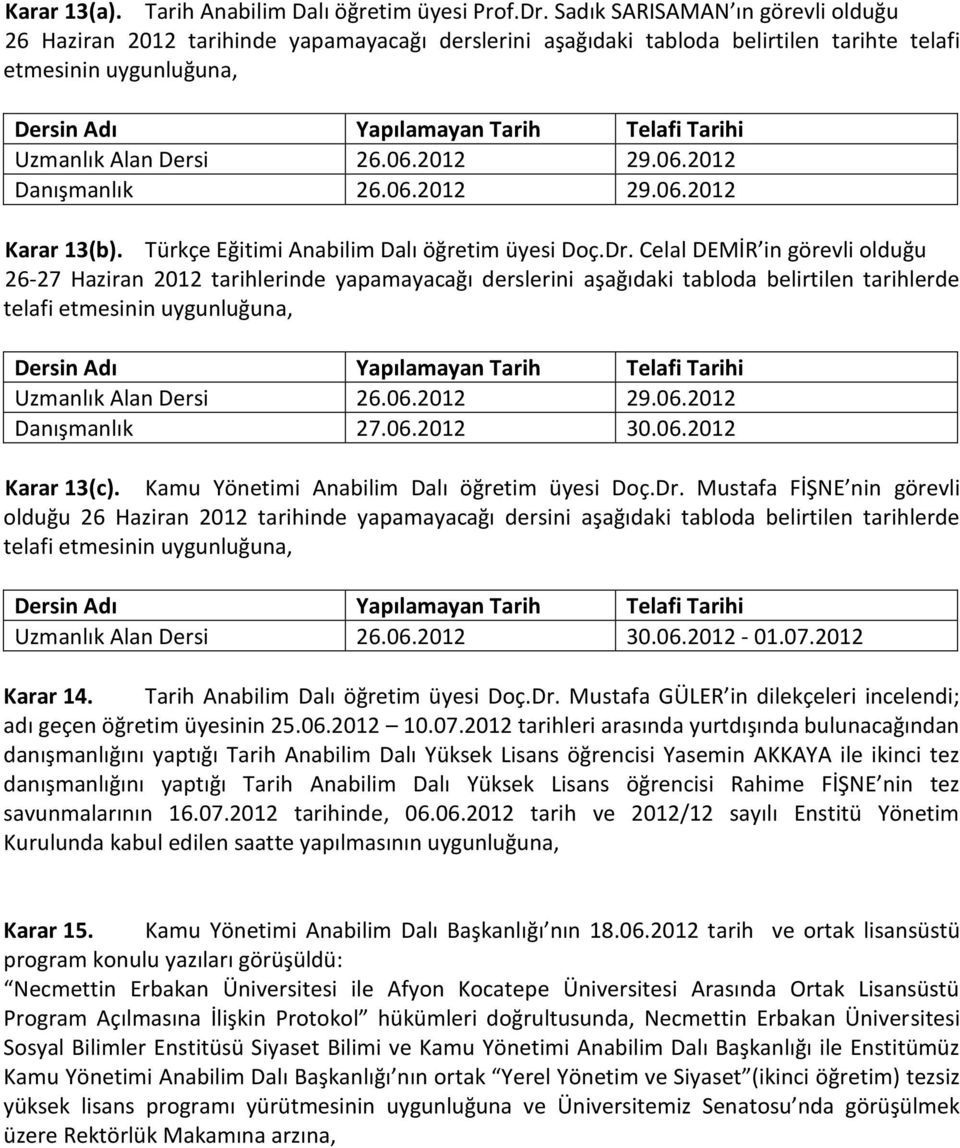 Uzmanlık Alan Dersi 26.06.2012 29.06.2012 Danışmanlık 26.06.2012 29.06.2012 Karar 13(b). Türkçe Eğitimi Anabilim Dalı öğretim üyesi Doç.Dr.