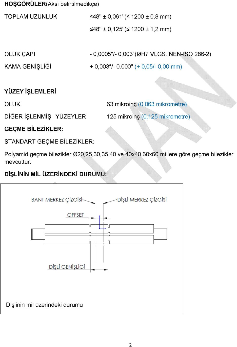 000" (+ 0,05/- 0,00 mm) YÜZEY İŞLEMLERİ OLUK DİĞER İŞLENMİŞ YÜZEYLER 63 mikroinç (0,063 mikrometre) 125 mikroinç (0,125 mikrometre)