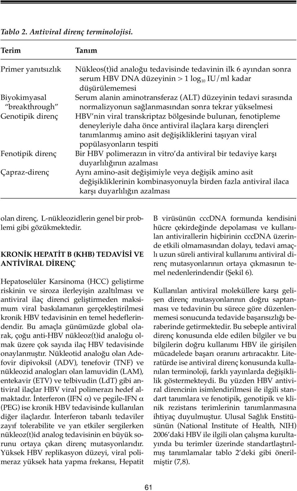 10 IU/ml kadar düşürülememesi Serum alanin aminotransferaz (ALT) düzeyinin tedavi sırasında normalizyonun sağlanmasından sonra tekrar yükselmesi HBV nin viral transkriptaz bölgesinde bulunan,