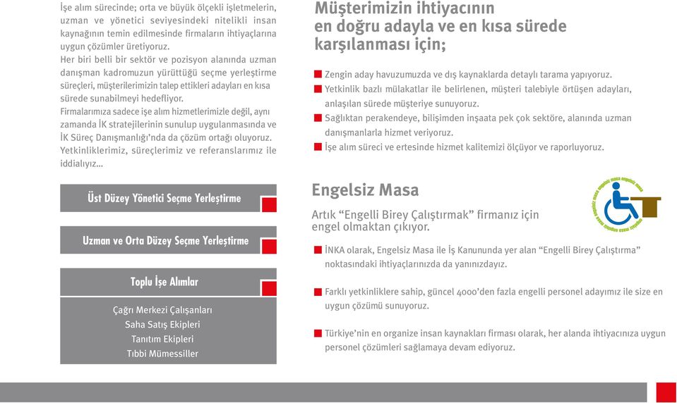 Firmalarımıza sadece işe alım hizmetlerimizle değil, aynı zamanda İK stratejilerinin sunulup uygulanmasında ve İK Süreç Danışmanlığı nda da çözüm ortağı oluyoruz.