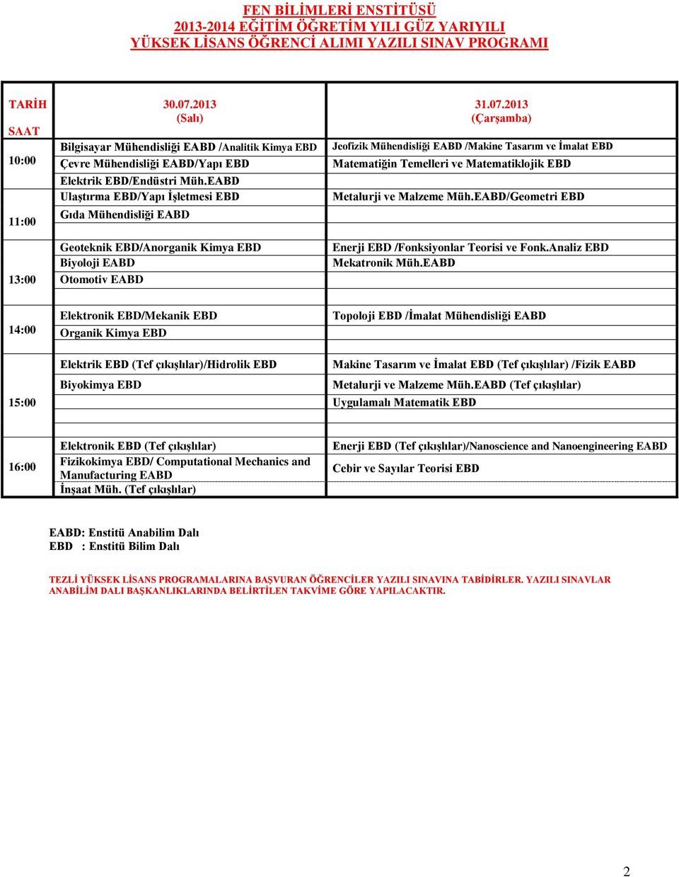 EABD Ulaştırma EBD/Yapı İşletmesi EBD Gıda Mühendisliği EABD Geoteknik EBD/Anorganik EBD Biyoloji EABD Otomotiv EABD 31.07.