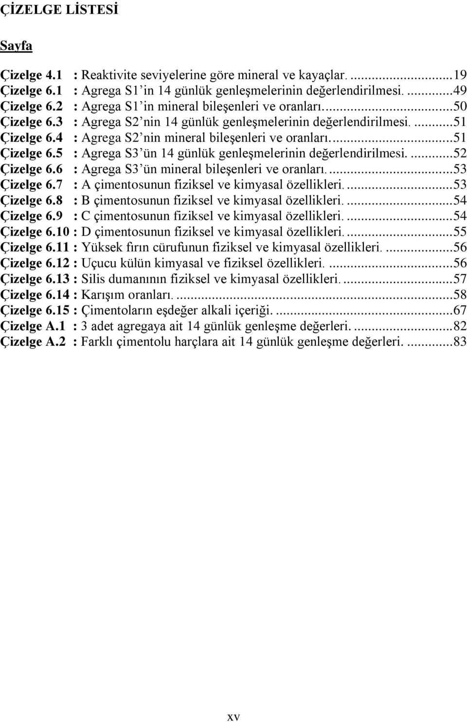... 51 Çizelge 6.5 : Agrega S3 ün 14 günlük genleşmelerinin değerlendirilmesi.... 52 Çizelge 6.6 : Agrega S3 ün mineral bileşenleri ve oranları.... 53 Çizelge 6.