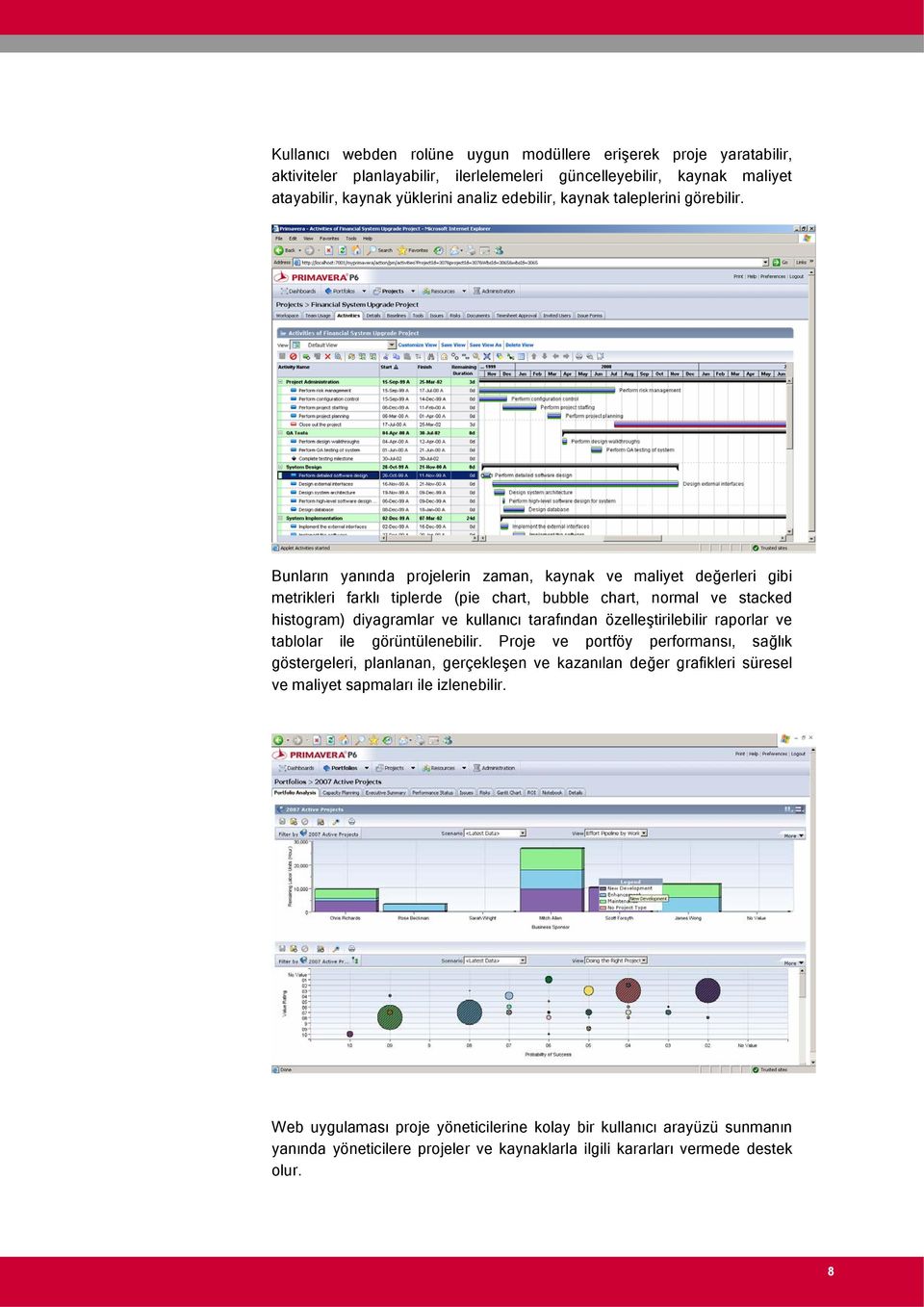 Bunların yanında projelerin zaman, kaynak ve maliyet değerleri gibi metrikleri farklı tiplerde (pie chart, bubble chart, normal ve stacked histogram) diyagramlar ve kullanıcı tarafından