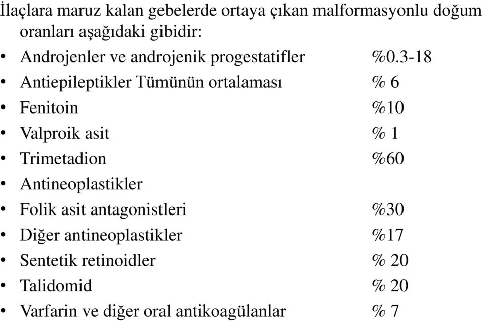 3-18 Antiepileptikler Tümünün ortalaması % 6 Fenitoin %10 Valproik asit % 1 Trimetadion %60