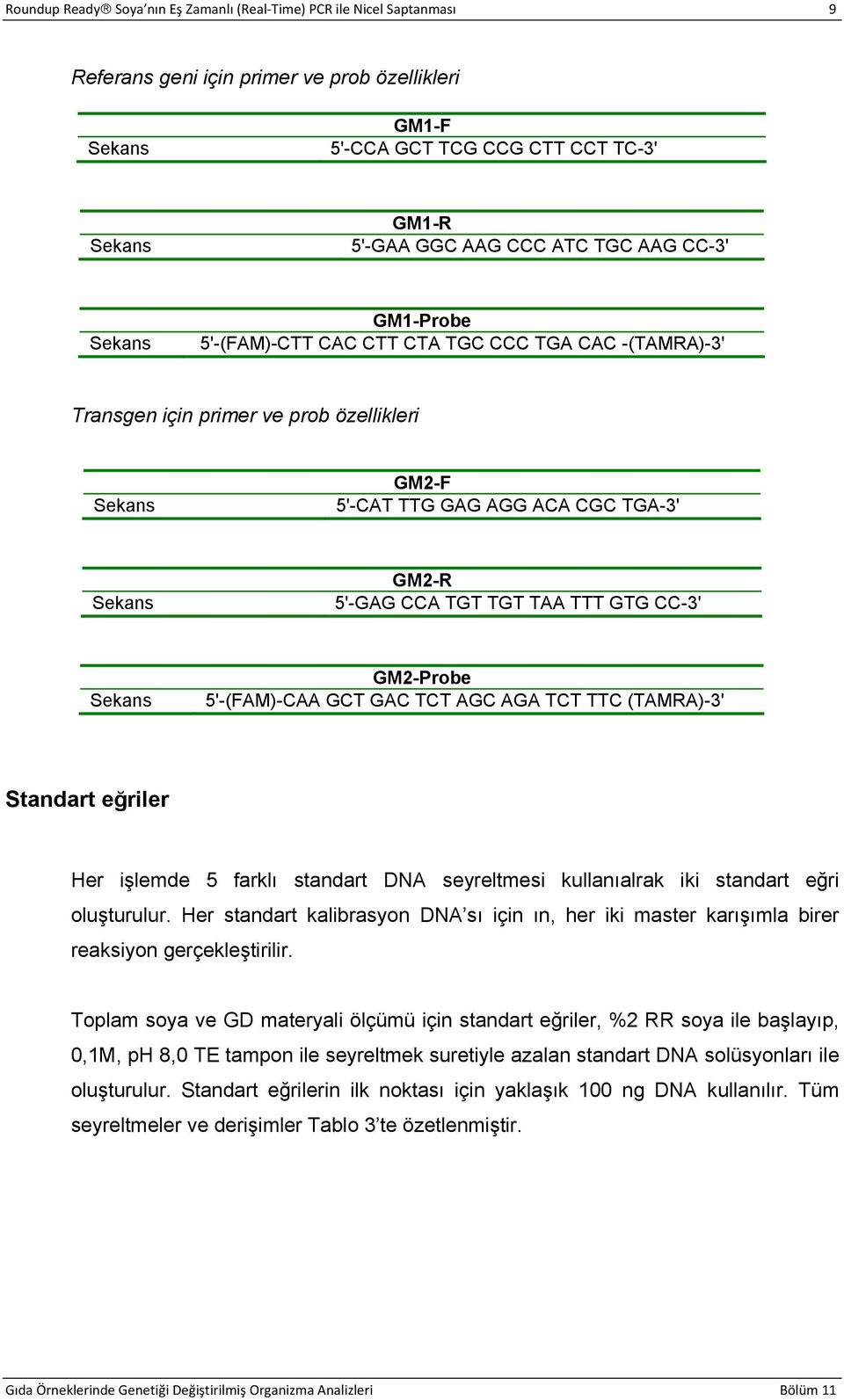 GM2-Probe 5'-(FAM)-CAA GCT GAC TCT AGC AGA TCT TTC (TAMRA)-3' Standart eğriler Her işlemde 5 farklı standart DNA seyreltmesi kullanıalrak iki standart eğri oluşturulur.