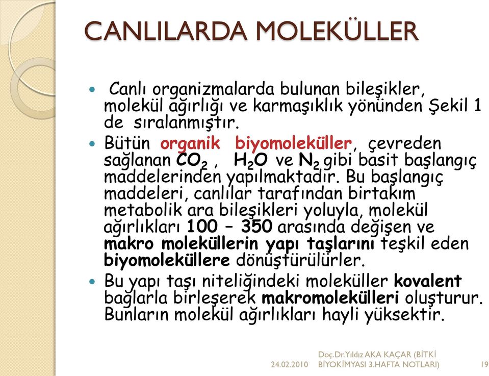 Bu başlangıç maddeleri, canlılar tarafından birtakım metabolik ara bileşikleri yoluyla, molekül ağırlıkları 100 350 arasında değişen ve makro moleküllerin