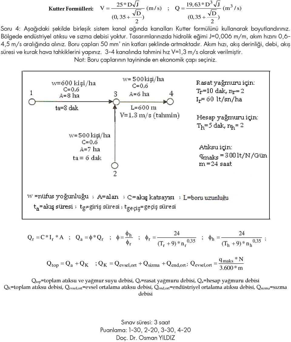 Akım hızı, akış derinliği, debi, akış süresi ve kurak hava tahkiklerini yapınız. 3-4 kanalında tahmini hız V=1,3 m/s olarak verilmiştir. Not: Boru çaplarının tayininde en ekonomik çapı seçiniz.