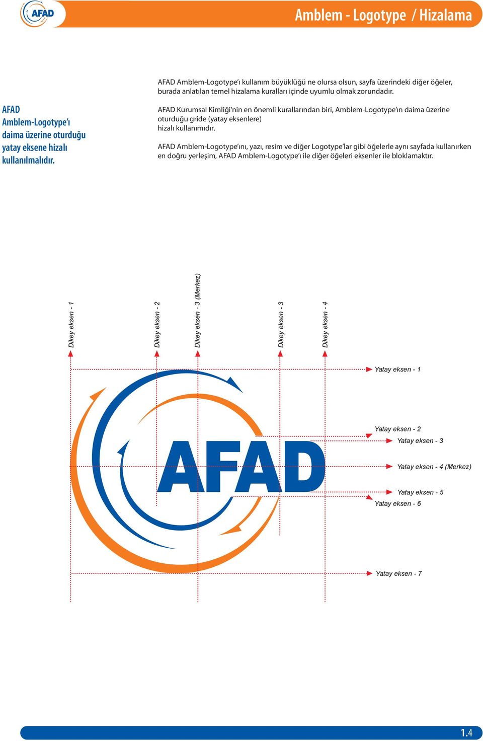 AFAD Kurumsal Kimliği nin en önemli kurallarından biri, Amblem-Logotype ın daima üzerine oturduğu gride (yatay eksenlere) hizalı kullanımıdır.