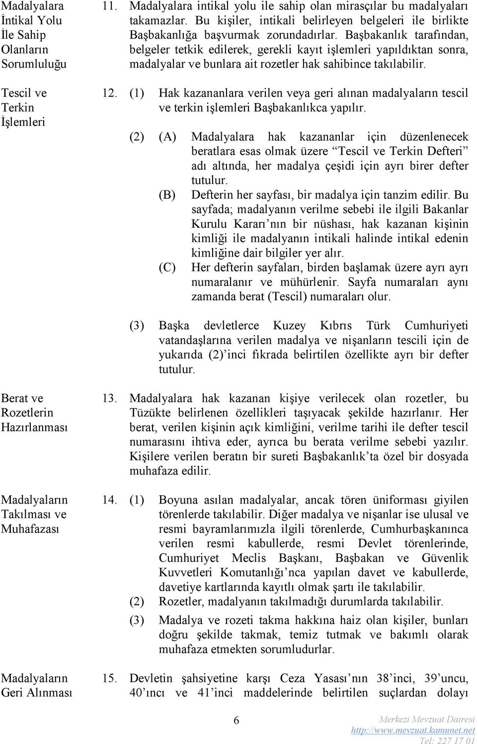 Başbakanlık tarafından, belgeler tetkik edilerek, gerekli kayıt işlemleri yapıldıktan sonra, madalyalar ve bunlara ait rozetler hak sahibince takılabilir. 12.