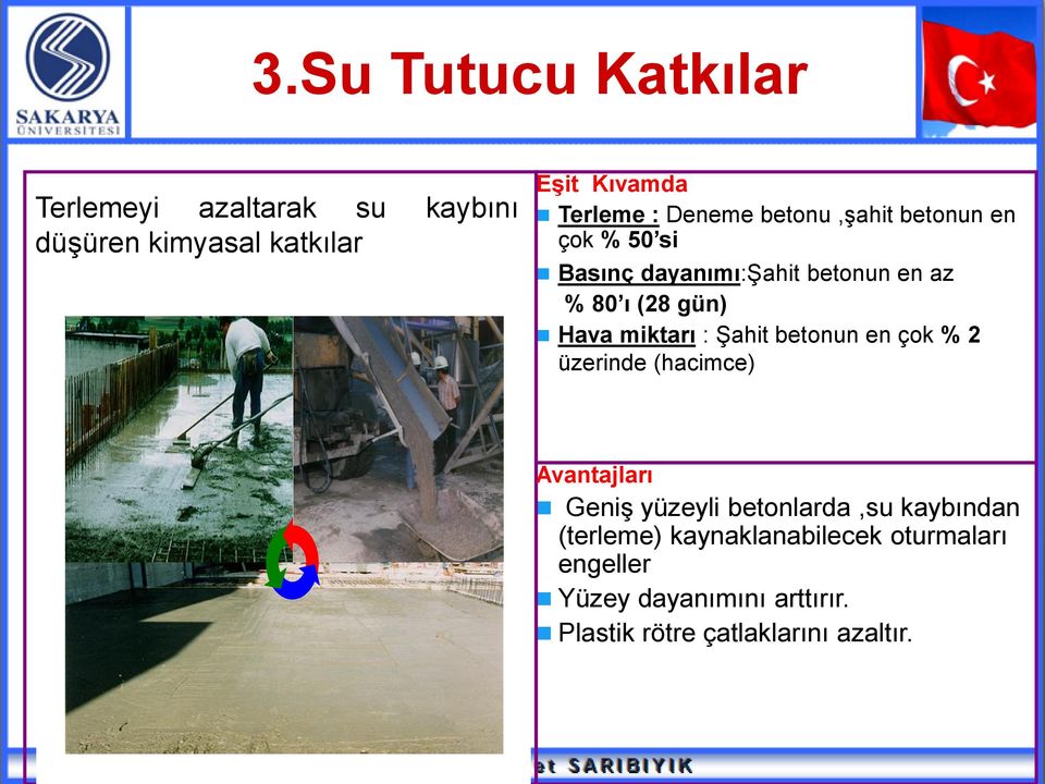 miktarı : Şahit betonun en çok % 2 üzerinde (hacimce) Avantajları Geniş yüzeyli betonlarda,su kaybından