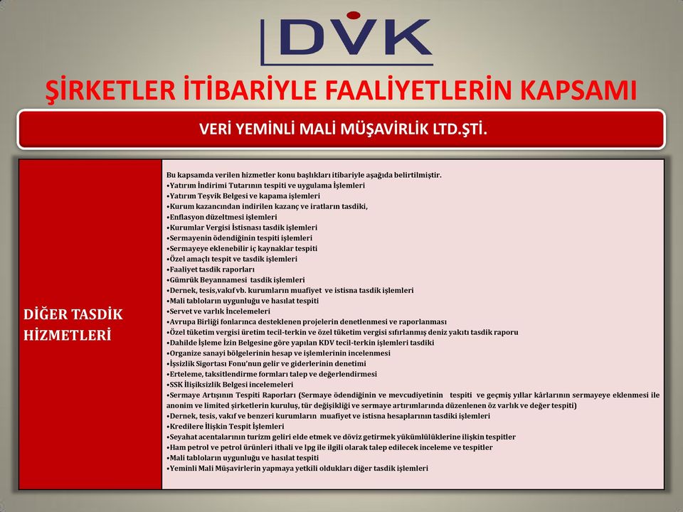 Vergisi İstisnası tasdik işlemleri Sermayenin ödendiğinin tespiti işlemleri Sermayeye eklenebilir iç kaynaklar tespiti Özel amaçlı tespit ve tasdik işlemleri Faaliyet tasdik raporları Gümrük