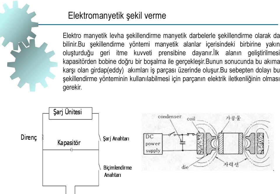 ilk alanın geliştirilmesi kapasitörden bobine doğru bir boşalma ile gerçekleşir.