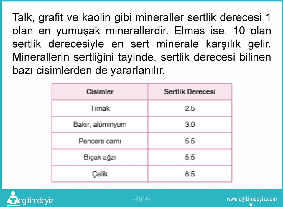 Elmas ise, 10 olan sertlik derecesiyle en sert minerale