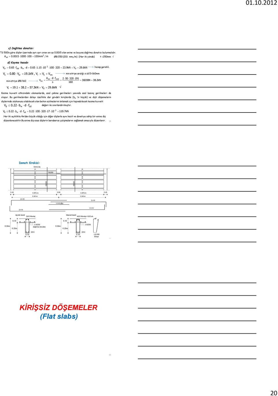 1kN, Vr Vc V min etriye aralığı sd/=160mm ws min etriye Ø8/160 Vr 19.1 38. 57.3kN Vd 9.6kN Asw d fywd 50 30 191 Vws 3800N 38.