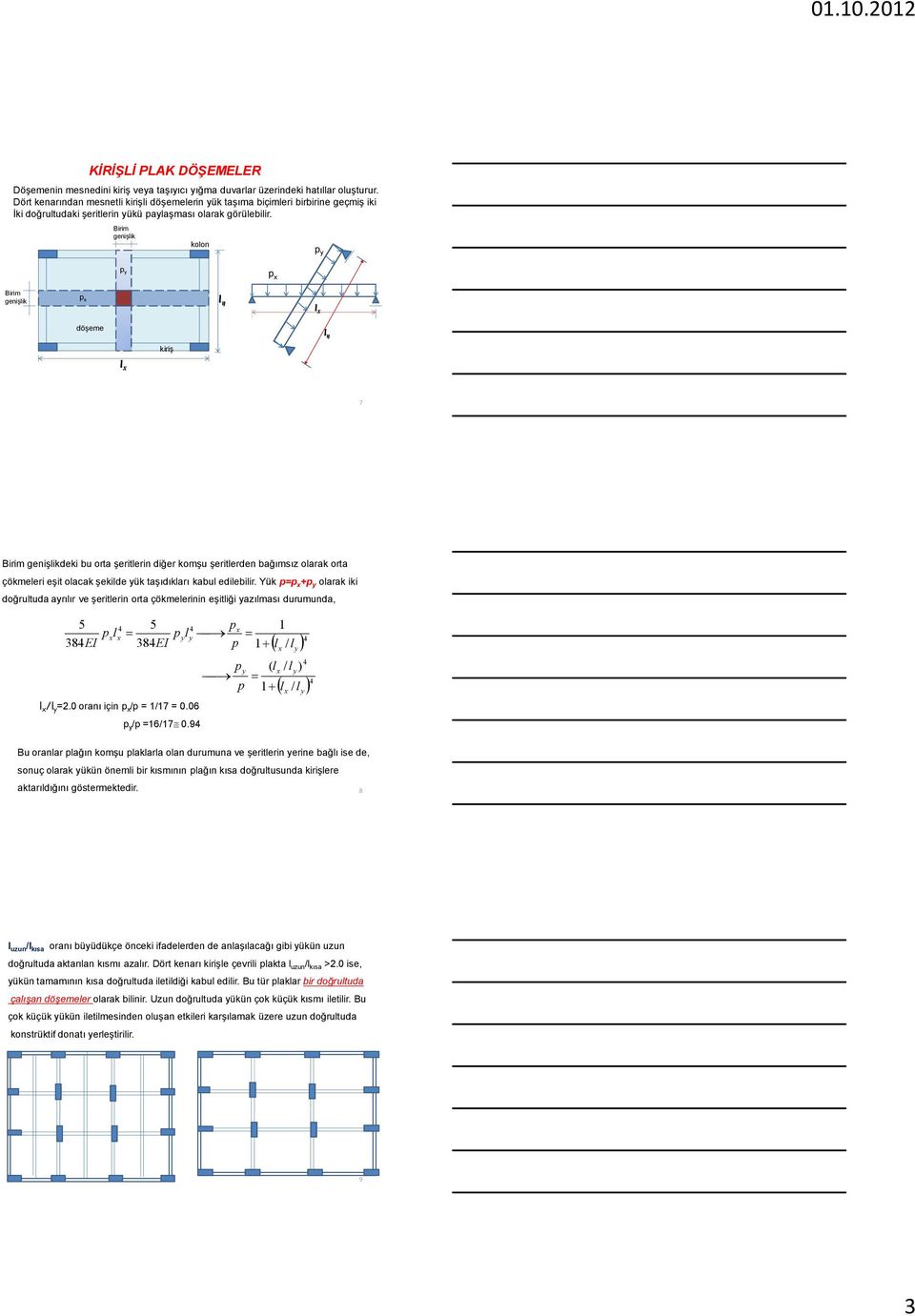 Birim genişlik kolon p y p y p x Birim genişlik p x k l y l x döşeme l y kiriş l x 7 Birim genişlikdeki bu orta şeritlerin diğer komşu şeritlerden bağımsız olarak orta çökmeleri eşit olacak şekilde