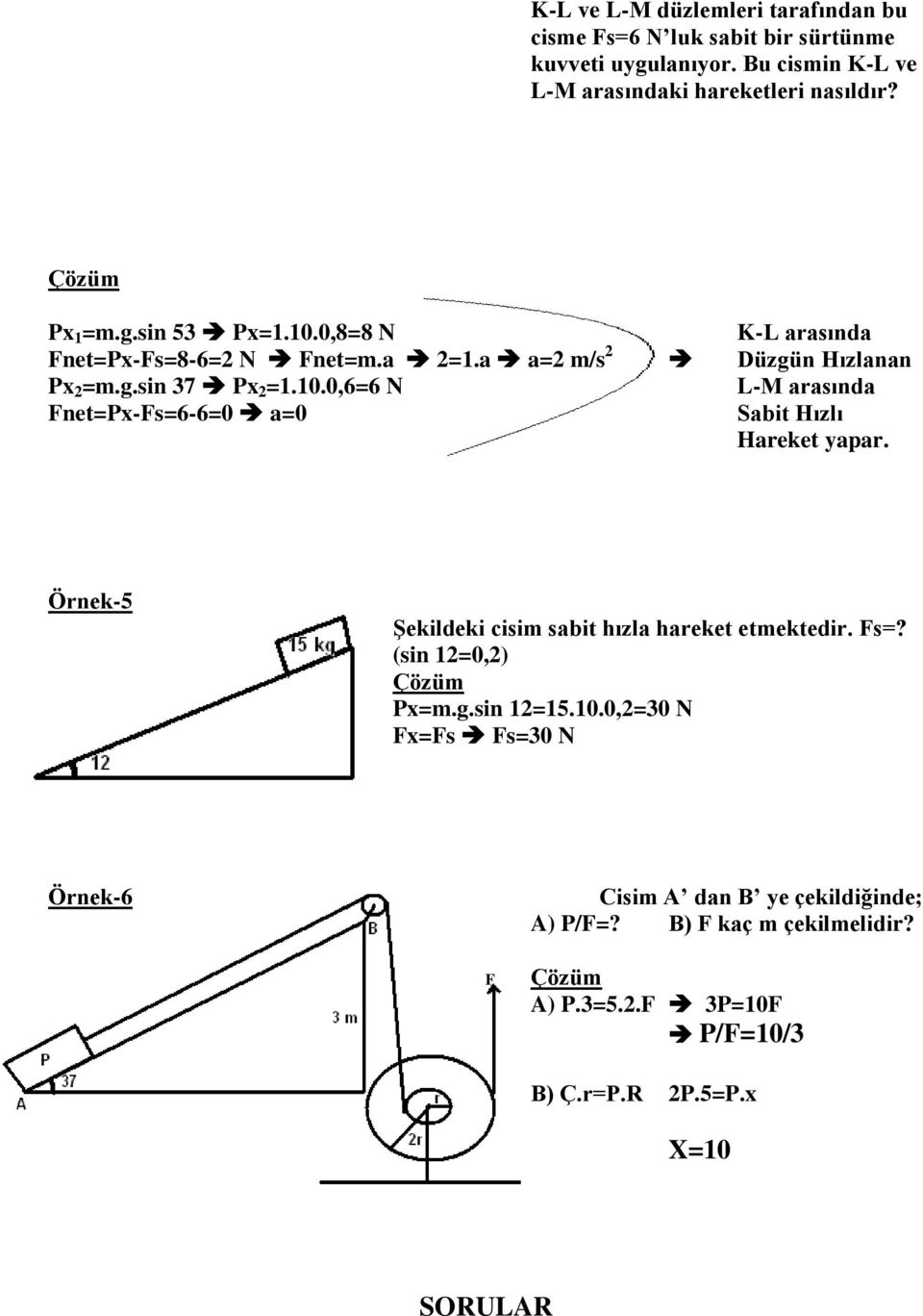 Örnek-5 Şekildeki cisim sabit hızla hareket etmektedir. Fs=? (sin 12=0,2) Px=m.g.sin 12=15.10.