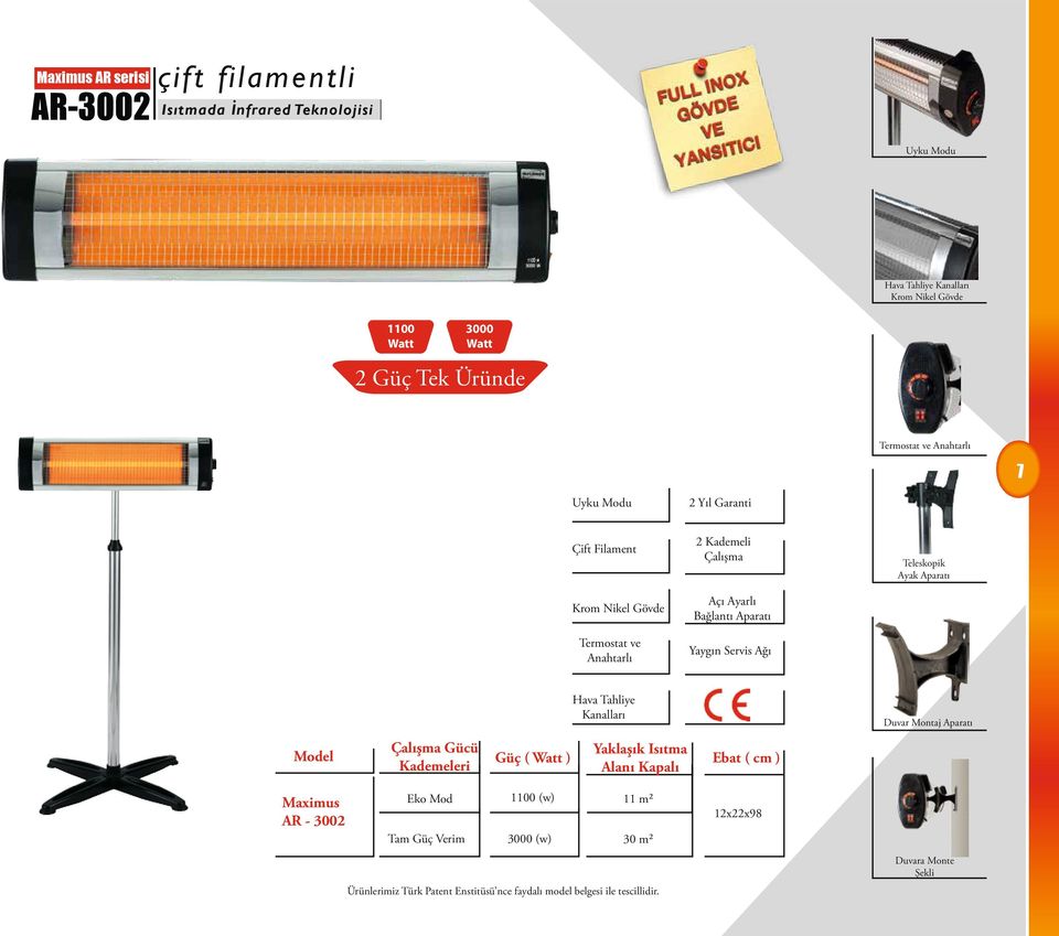 Çift Filament 2 Kademeli Çalışma Teleskopik Ayak Aparatı Krom Nikel Gövde Açı Ayarlı Bağlantı Aparatı Termostat ve Anahtarlı Hava Tahliye Kanalları Duvar