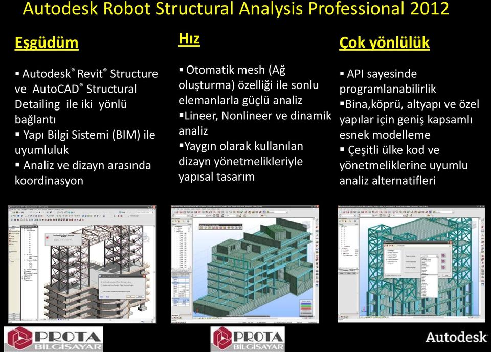 analiz Lineer, Nonlineer ve dinamik analiz Yaygın olarak kullanılan dizayn yönetmelikleriyle yapısal tasarım API sayesinde programlanabilirlik Bina,köprü,