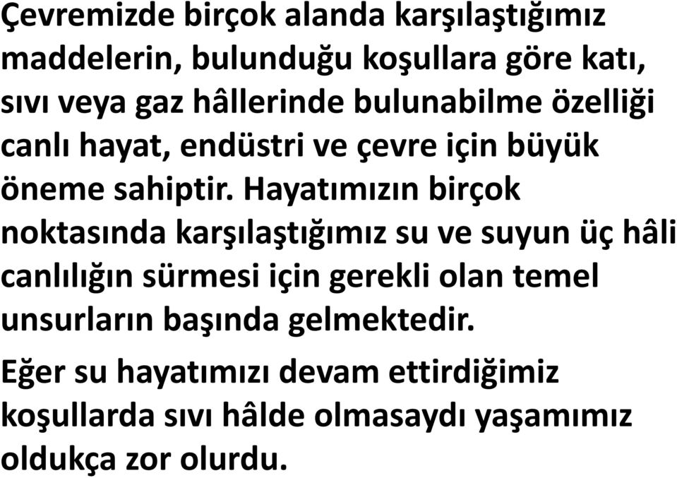 Hayatımızın birçok noktasında karşılaştığımız su ve suyun üç hâli canlılığın sürmesi için gerekli olan