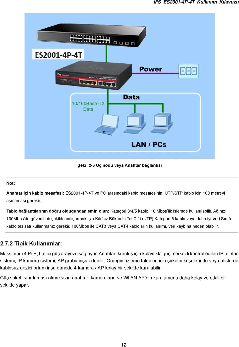 Ağınızı 100Mbps de güvenli bir şekilde çalıştırmak için Kılıfsız Bükümlü Tel Çifti (UTP) Kategori 5 kablo veya daha iyi Veri Sınıfı kablo tesisatı kullanmanız gerekir.