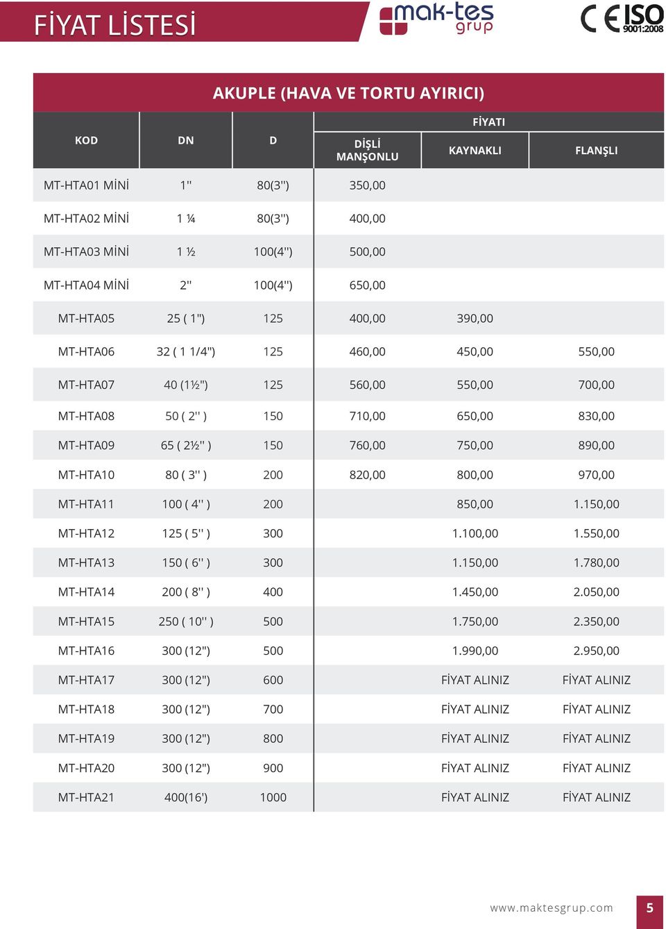 65 ( 2½'' ) 150 760,00 750,00 890,00 MT-HTA10 80 ( 3'' ) 200 820,00 800,00 970,00 MT-HTA11 100 ( 4'' ) 200 850,00 1.150,00 MT-HTA12 125 ( 5'' ) 300 1.100,00 1.550,00 MT-HTA13 150 ( 6'' ) 300 1.