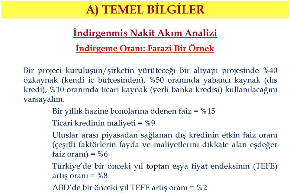 Bir yıllık hazine bonolarına ödenen faiz = %15 Ticari kredinin maliyeti = %9 Uluslar arası piyasadan sağlanan dış kredinin etkin faiz oranı (çeşitli faktörlerin