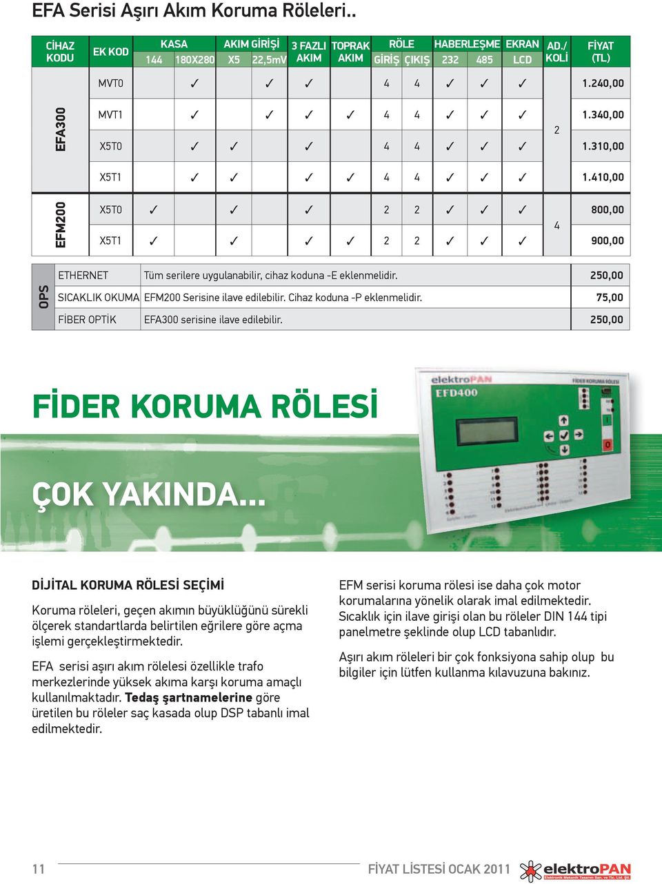 410,00 EFM200 X5T0 3 3 3 2 2 3 3 3 800,00 4 X5T1 3 3 3 3 2 2 3 3 3 900,00 ETHERNET Tüm serilere uygulanabilir, cihaz koduna -E eklenmelidir. 250,00 OPS SICAKLIK OKUMA EFM200 Serisine ilave edilebilir.