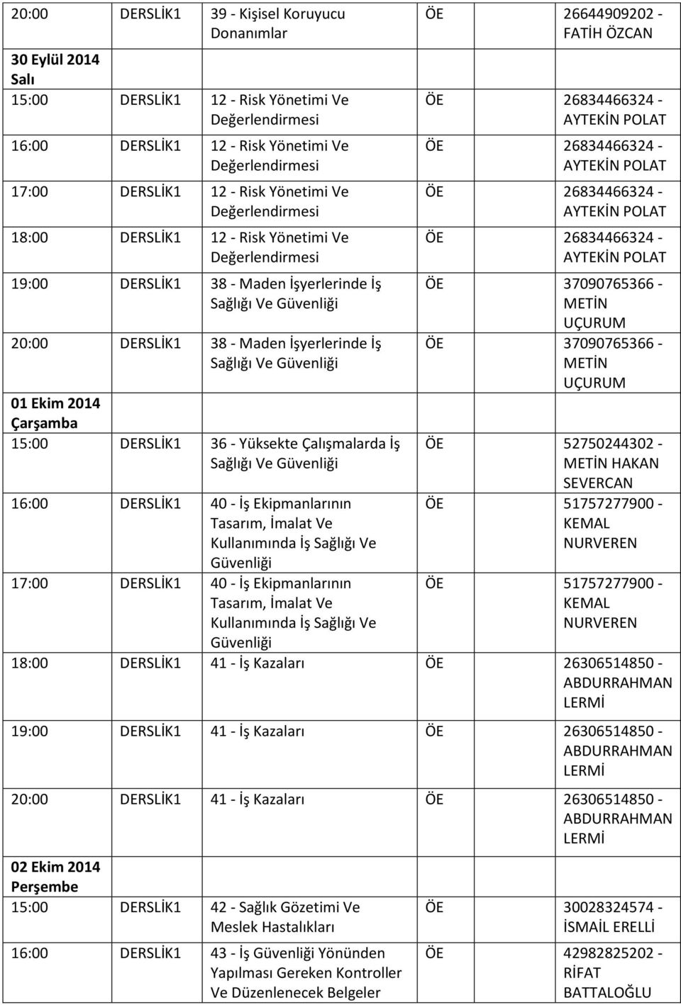 Ekipmanlarının Tasarım, İmalat Ve Kullanımında İş Sağlığı Ve 17:00 DERSLİK1 40 - İş Ekipmanlarının Tasarım, İmalat Ve Kullanımında İş Sağlığı Ve ÖE 26644909202 - ÖE 37090765366 - ÖE 37090765366 - ÖE