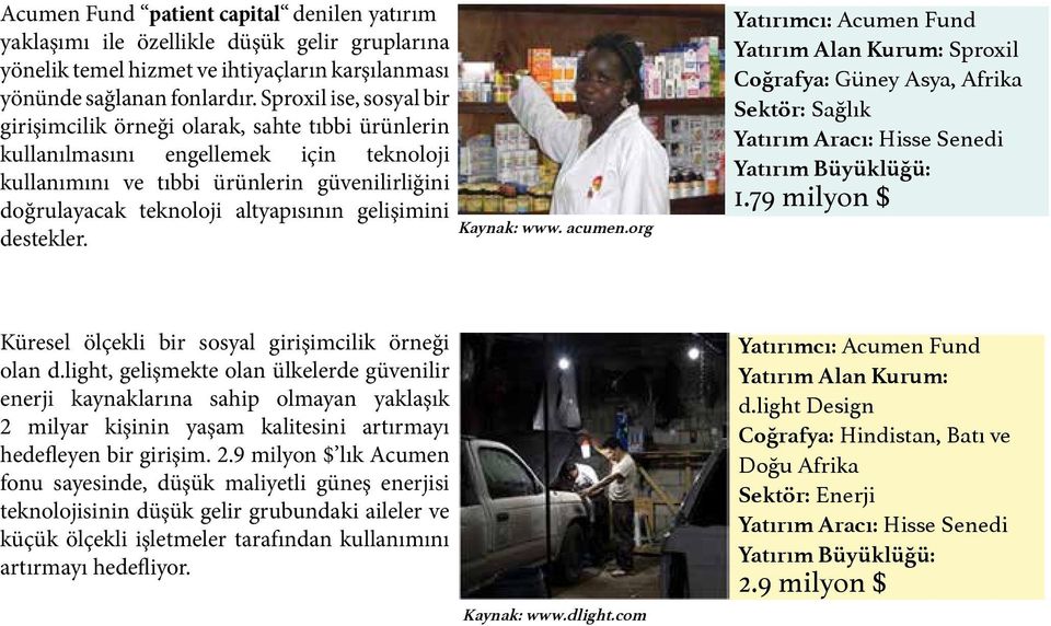 gelişimini destekler. Kaynak: www. acumen.org Yatırımcı: Acumen Fund Yatırım Alan Kurum: Sproxil Coğrafya: Güney Asya, Afrika Sektör: Sağlık Yatırım Aracı: Hisse Senedi Yatırım Büyüklüğü: 1.