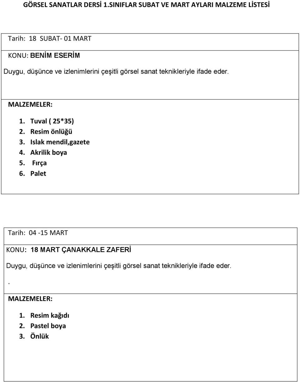 izlenimlerini çeşitli görsel sanat teknikleriyle ifade eder. 1. Tuval ( 25*35) 2. Resim önlüğü 3.