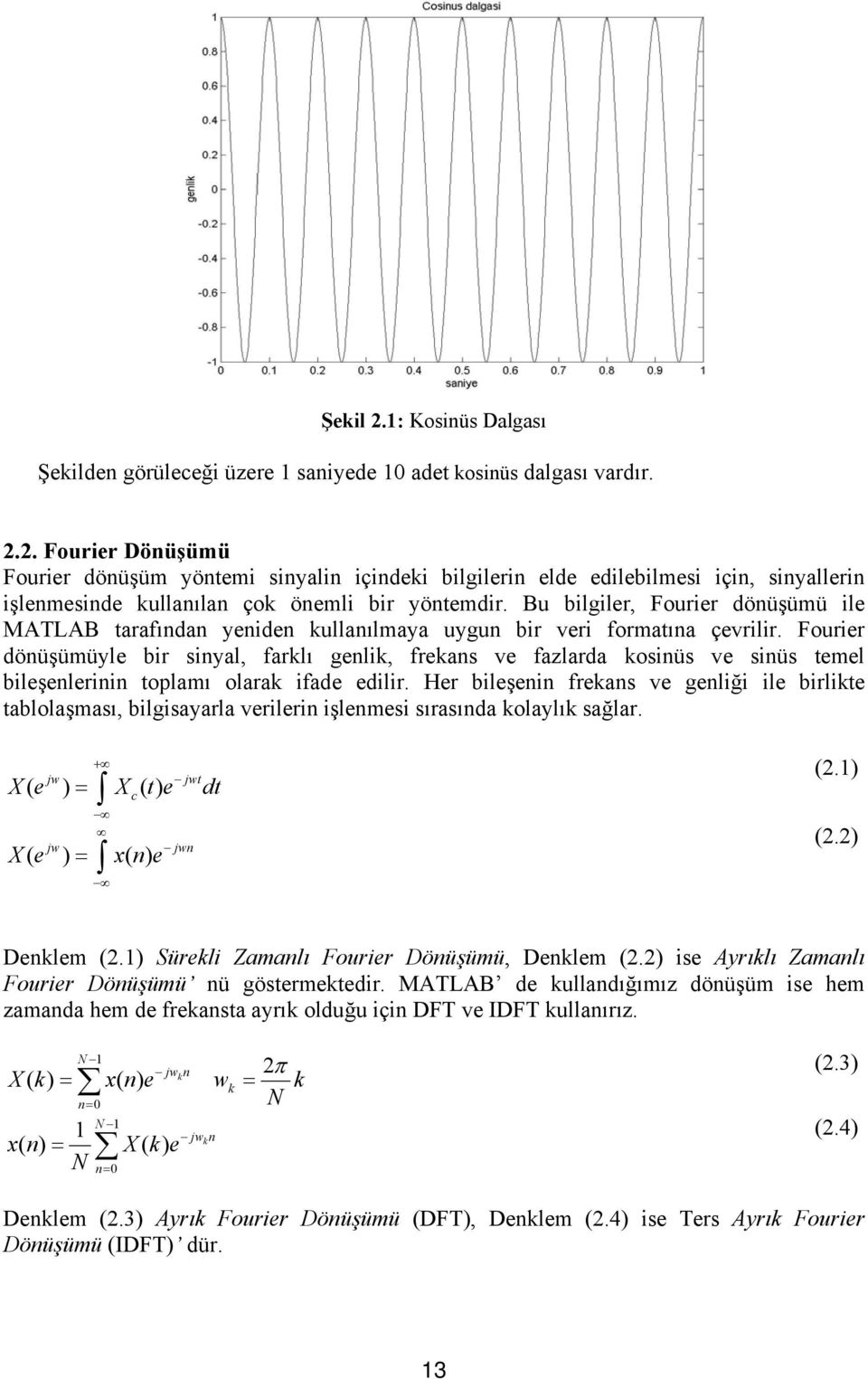 Fourier dönüşümüyle bir sinyal, farklı genlik, frekans ve fazlarda kosinüs ve sinüs temel bileşenlerinin toplamı olarak ifade edilir.