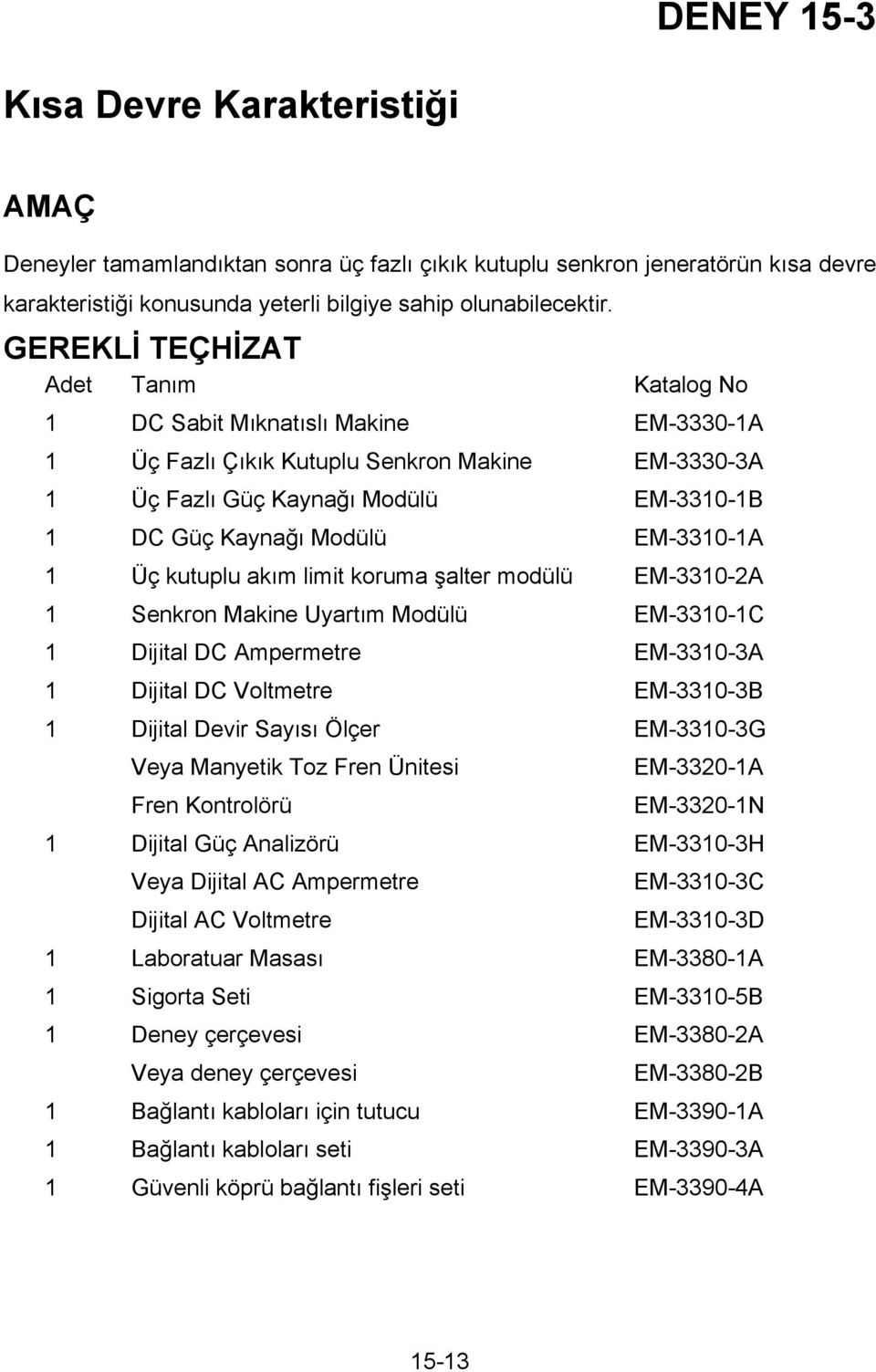 EM-3310-1A 1 Üç kutuplu akım limit koruma şalter modülü EM-3310-2A 1 Senkron Makine Uyartım Modülü EM-3310-1C 1 Dijital DC Ampermetre EM-3310-3A 1 Dijital DC Voltmetre EM-3310-3B 1 Dijital Devir