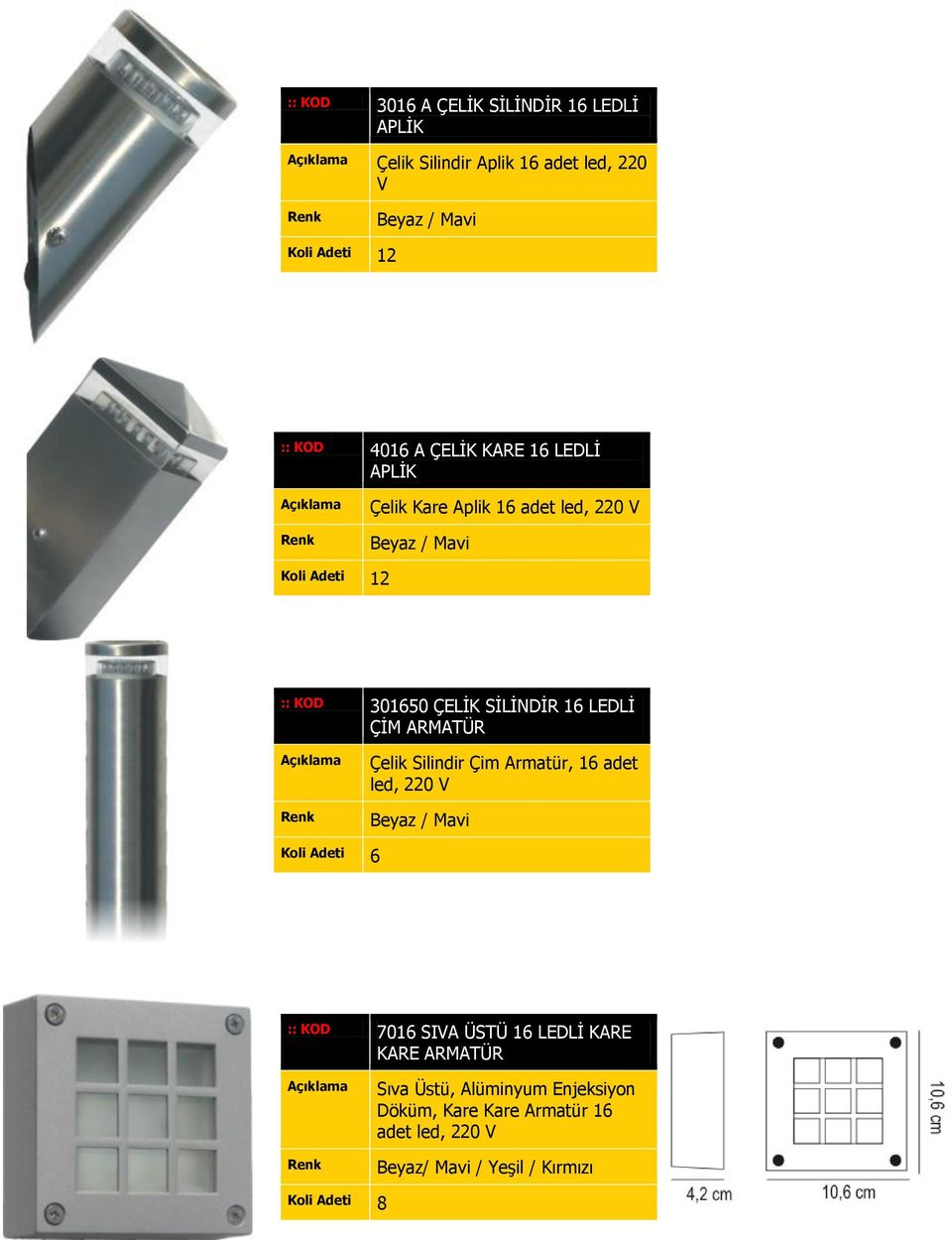 SİLİNDİR 16 LEDLİ ÇİM Çelik Silindir Çim Armatür, 16 adet led, 220 V Beyaz / Mavi 6 :: KOD 7016 SIVA ÜSTÜ 16