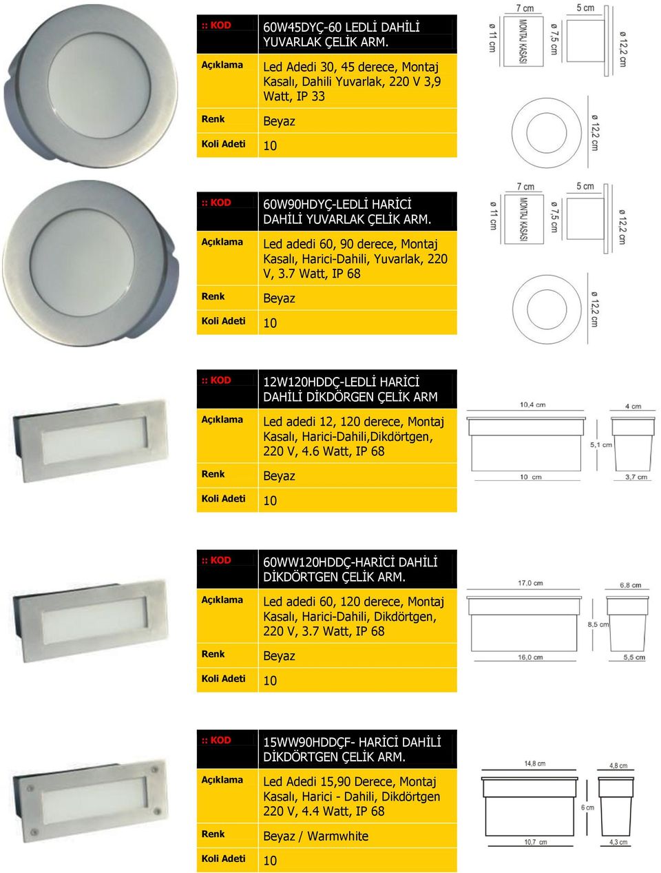 Led adedi 60, 90 derece, Montaj Kasalı, Harici-Dahili, Yuvarlak, 220 V, 3.