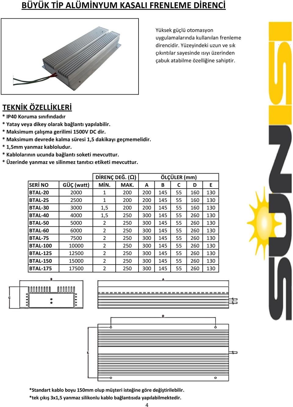 * Maksimum çalışma gerilimi 1500V DC dir. * Maksimum devrede kalma süresi 1,5 dakikayı geçmemelidir. * 1,5mm yanmaz kabloludur. * Kablolarının ucunda bağlantı soketi mevcuttur.