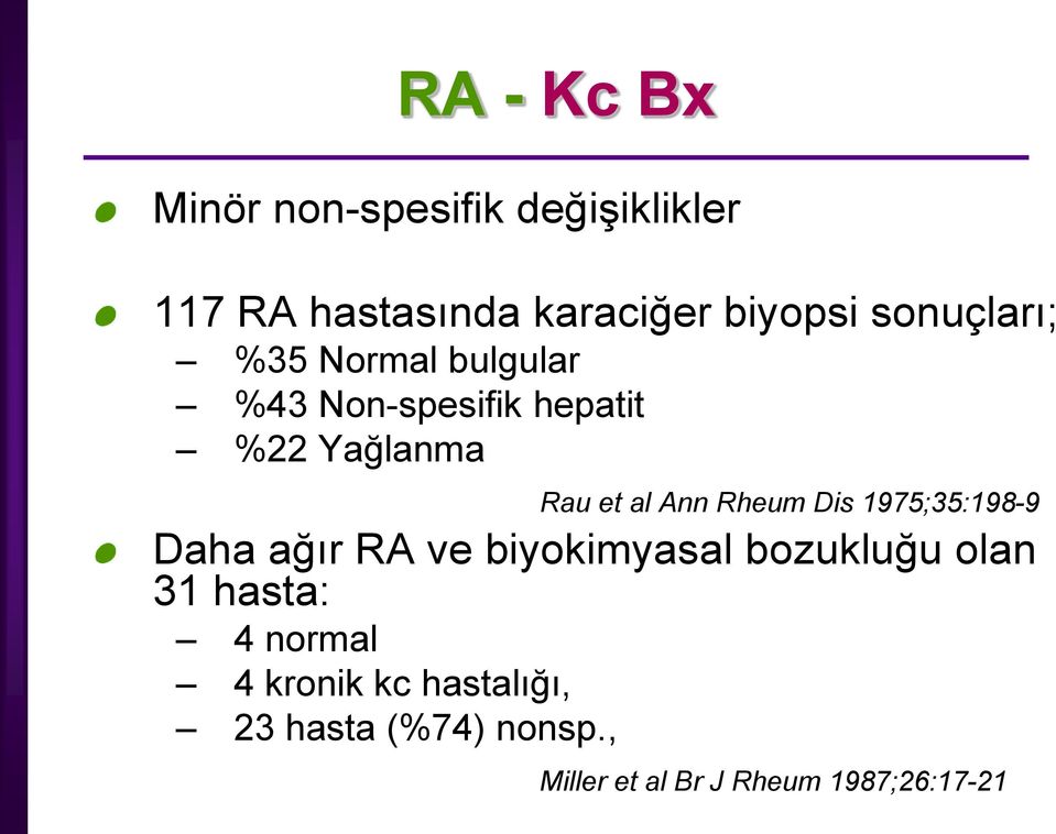 Rheum Dis 1975;35:198-9 Daha ağır RA ve biyokimyasal bozukluğu olan 31 hasta: 4