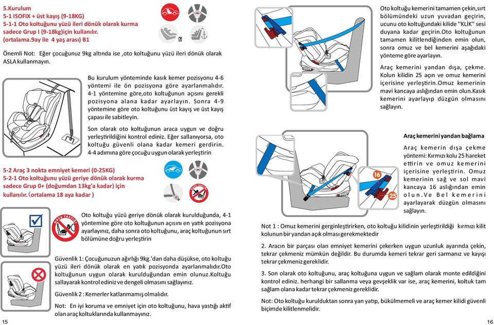 5-2 Araç 3 nokta emniyet kemeri (0-25KG) 5-2-1 Oto koltuğunu yüzü geriye dönük olarak kurma sadece Grup 0+ (doğumdan 13kg'a kadar) için kullanılır(.
