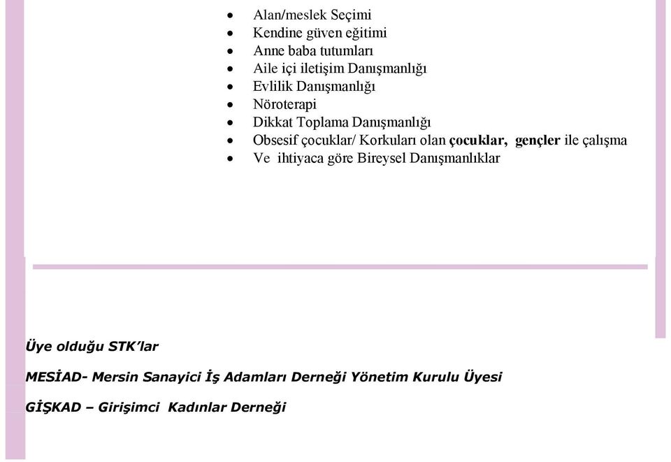 çocuklar, gençler ile çalışma Ve ihtiyaca göre Bireysel Danışmanlıklar Üye olduğu STK lar