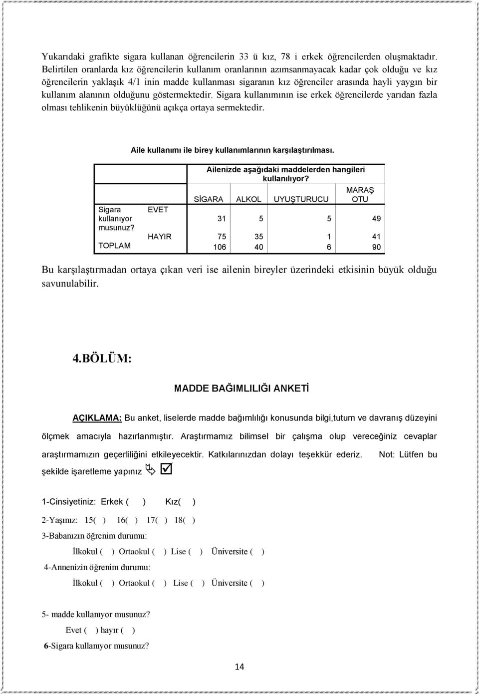 kullanım alanının olduğunu göstermektedir. Sigara kullanımının ise erkek öğrencilerde yarıdan fazla olması tehlikenin büyüklüğünü açıkça ortaya sermektedir.