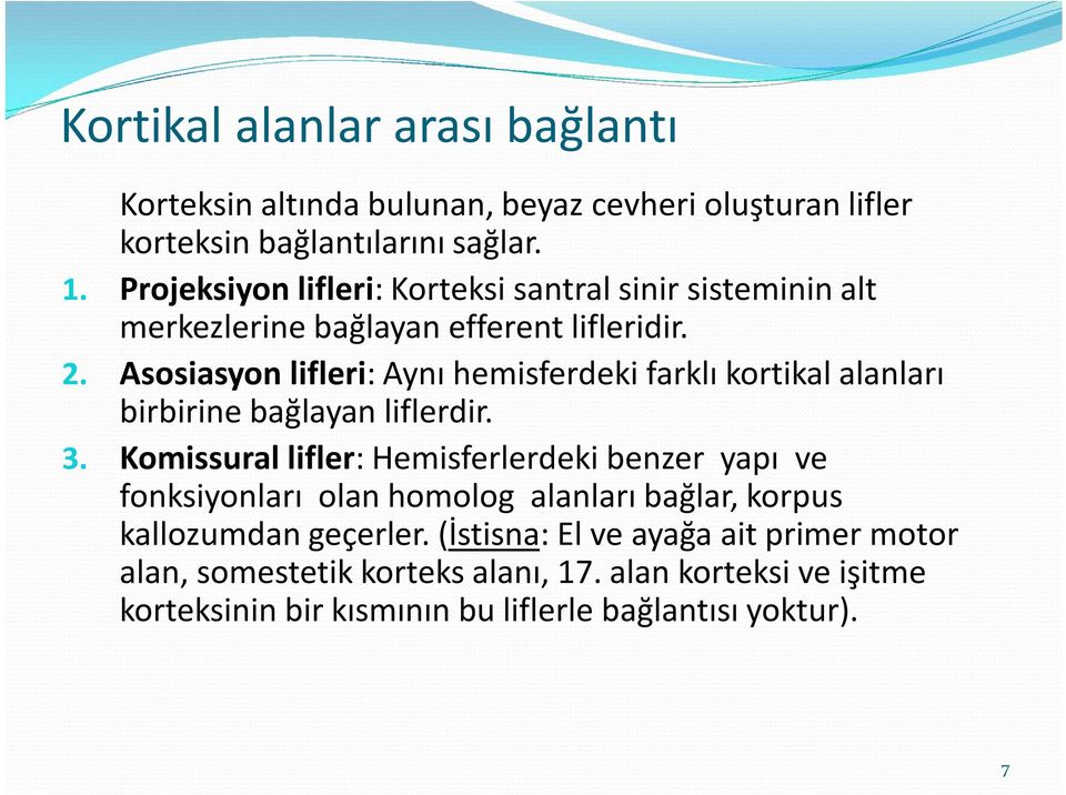 Asosiasyon lifleri: Aynı hemisferdeki farklı kortikal alanları birbirine bağlayan liflerdir. 3.