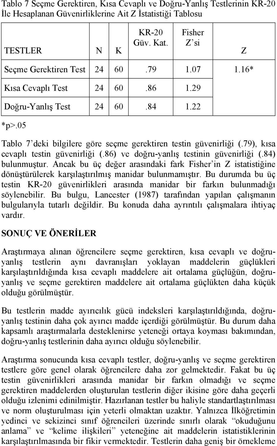 79), kısa cevaplı testin güvenirliği (.86) ve doğru-yanlış testinin güvenirliği (.84) bulunmuştur.