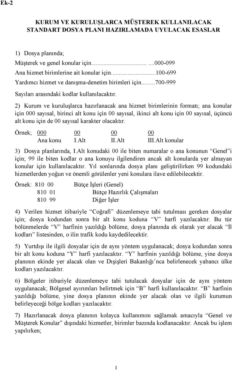 2) Kurum ve kuruluşlarca hazırlanacak ana hizmet birimlerinin formatı; ana konular için 000 sayısal, birinci alt konu için 00 sayısal, ikinci alt konu için 00 sayısal, üçüncü alt konu için de 00