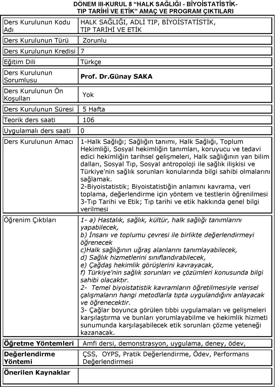 Günay SAKA Yok 5 Hafta Teorik ders saati 106 Uygulamalı ders saati 0 Ders Kurulunun Amacı Öğrenim Çıktıları Öğretme Yöntemleri Değerlendirme Yöntemi Önerilen Kaynaklar 1-Halk Sağlığı; Sağlığın