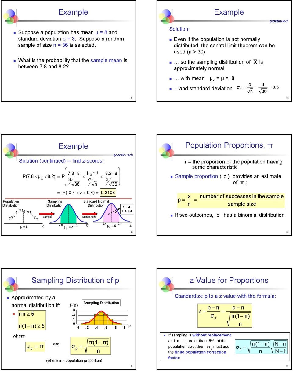 5 36 3 Eample Soluto -- fd z-scores: Populato Dstrbuto???????????? 7.8-8 μ - μ 8. - 8 P(7.8 μ 8.) P 3 σ 3 36 36 Samplg Dstrbuto Sample P(-.4 