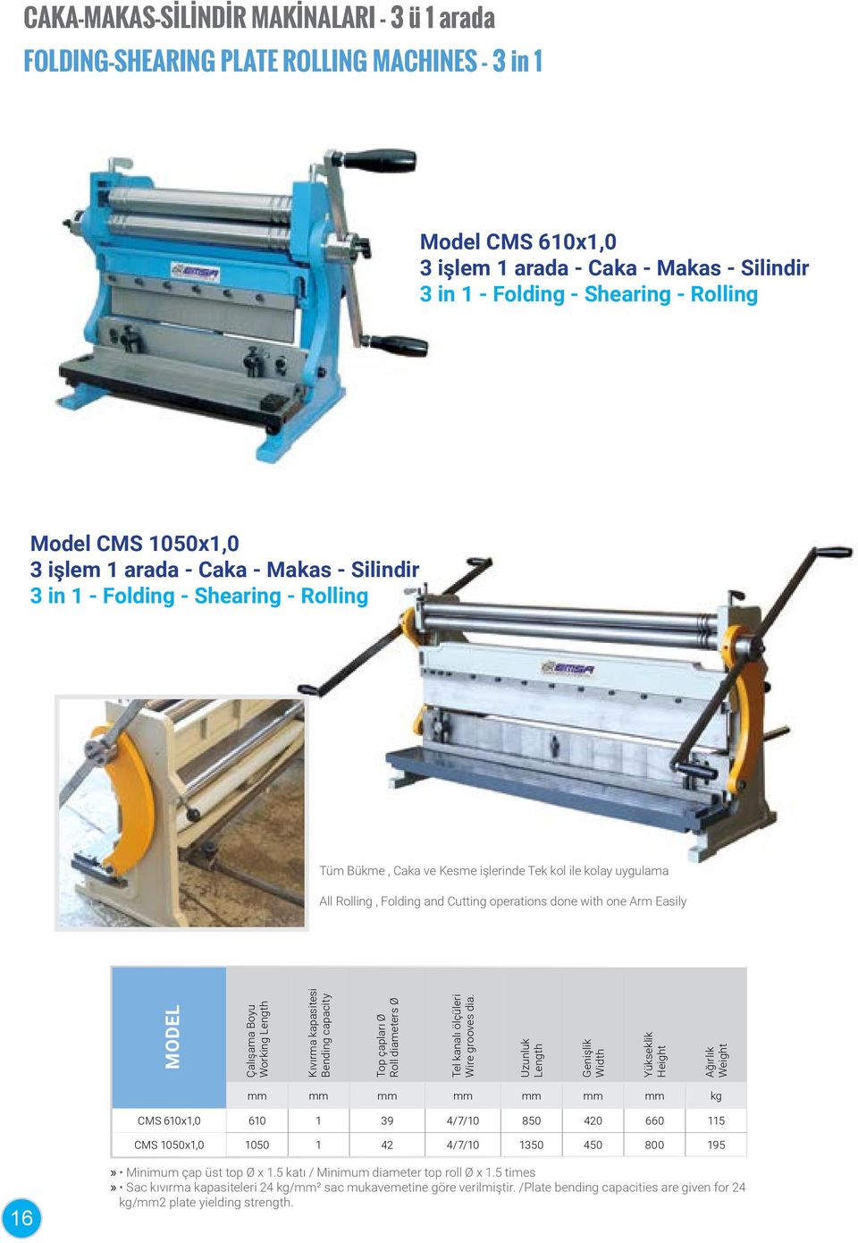 done with one Arm Easily Çalışama Boyu Working Kıvırma kapasitesi Bending capacity Top çapları Ø Roll diameters Ø Tel kanalı ölçüleri Wire grooves dia.