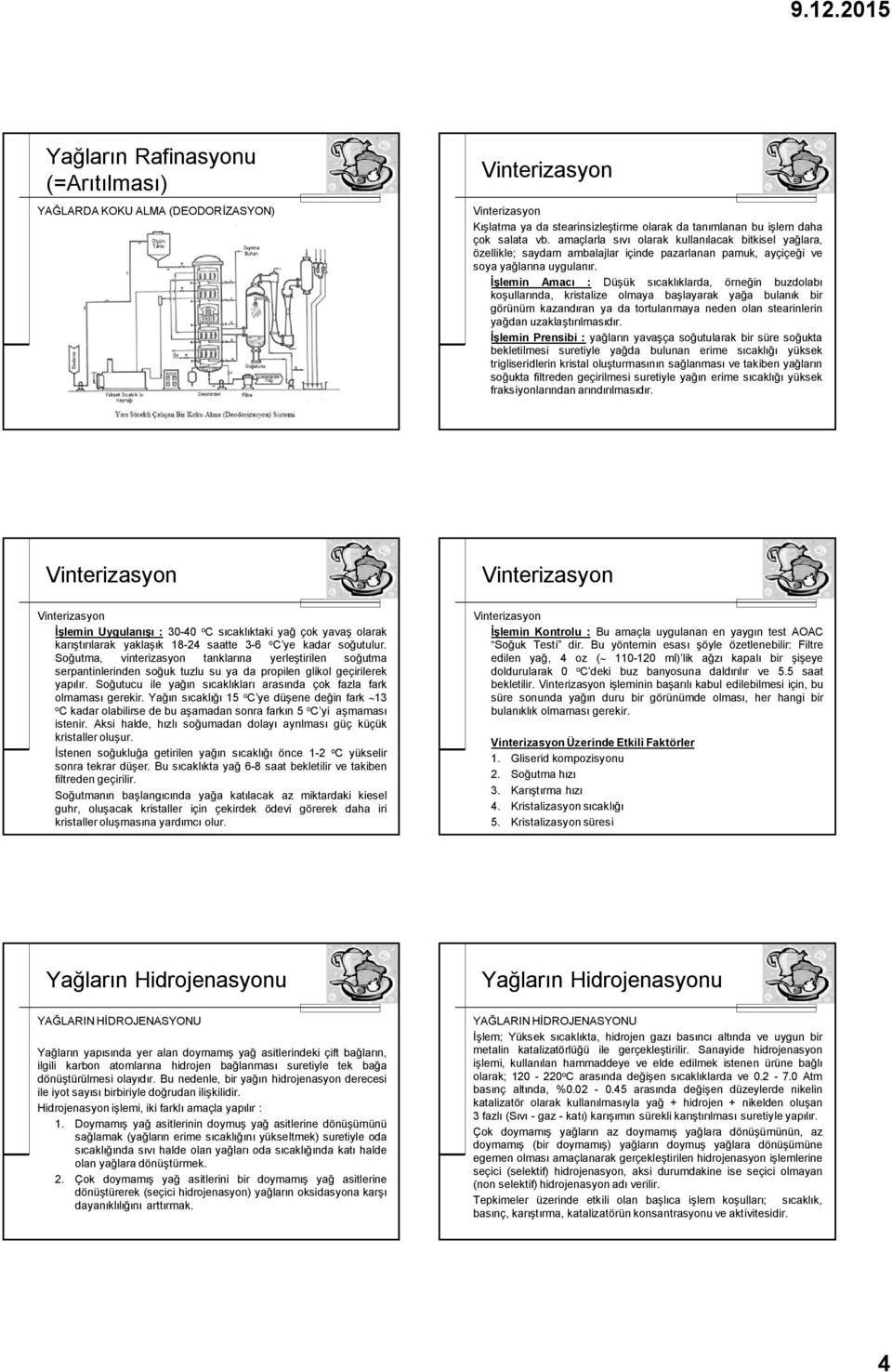 İşlemin Amacı : Düşük sıcaklıklarda, örneğin buzdolabı koşullarında, kristalize olmaya başlayarak yağa bulanık bir görünüm kazandıran ya da tortulanmaya neden olan stearinlerin yağdan