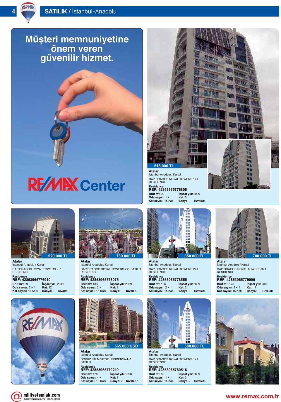 000 TL İstanbulAnadolu / Kartal DAP DRAGOS ROYAL TOWERS + SATILIK REF: 485965778075 + 8 70.000 TL İstanbulAnadolu / Kartal DAP DRAGOS ROYAL TOWERS + REF: 485965778555 6 + 650.