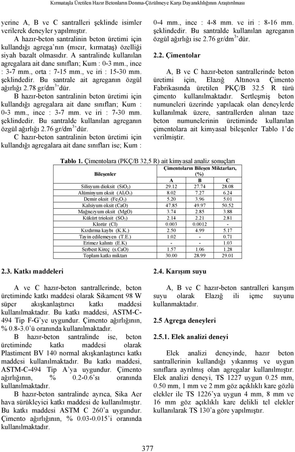 , ince : 3-7 mm., orta : 7-15 mm., ve iri : 15-30 mm. şeklindedir. Bu santrale ait agreganın özgül ağırlığı 2.78 gr/dm 3 dür.