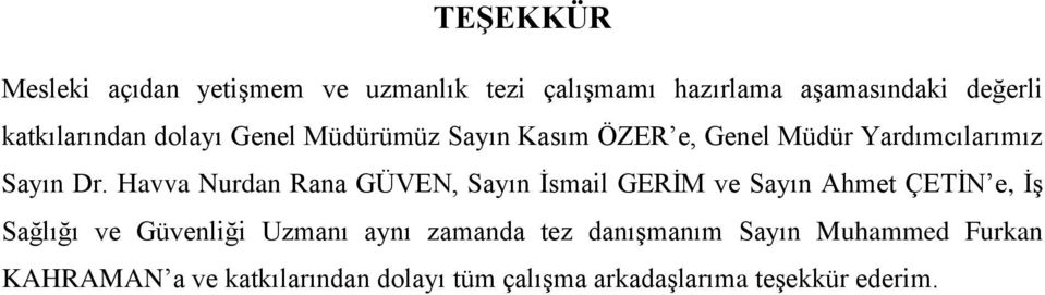 Havva Nurdan Rana GÜVEN, Sayın İsmail GERİM ve Sayın Ahmet ÇETİN e, İş Sağlığı ve Güvenliği Uzmanı